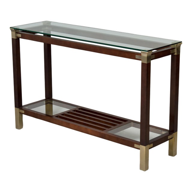 Italian Mid-Century Walnut & Brass Console Table With Glass Top For Sale