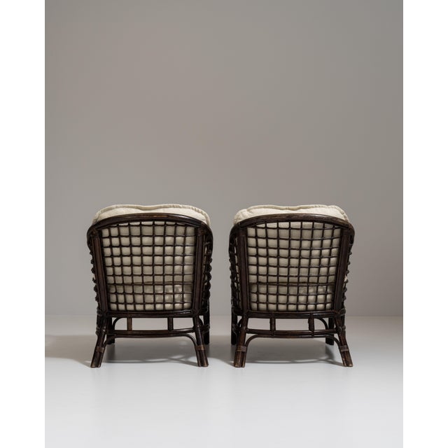Pair of 20th Century French Dark Brown Mid-Century Organic Modernism Faux Bamboo Upholstered Armchairs For Sale - Image 9 of 15