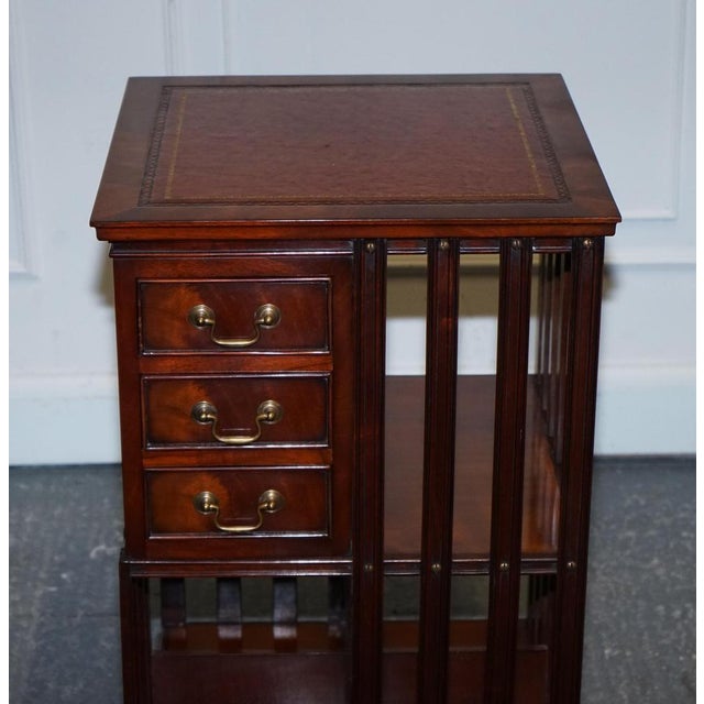 Brown Revival Inlaid Revolving Bookcase End Table with Brown Aged Leather Top For Sale - Image 8 of 18