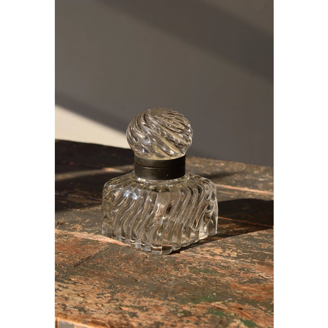 Vintage Swirling Cast Glass + Metal Inkwell, Circa Late 19th - Early 20th Century. Substantial swirling cast glass form...