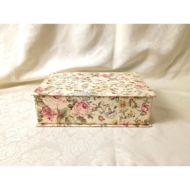 Wood Jewelry Box With Mirror Cabbage Rose Chinz Fabric Dresser Top Vanity Organizer For Sale - Image 7 of 12