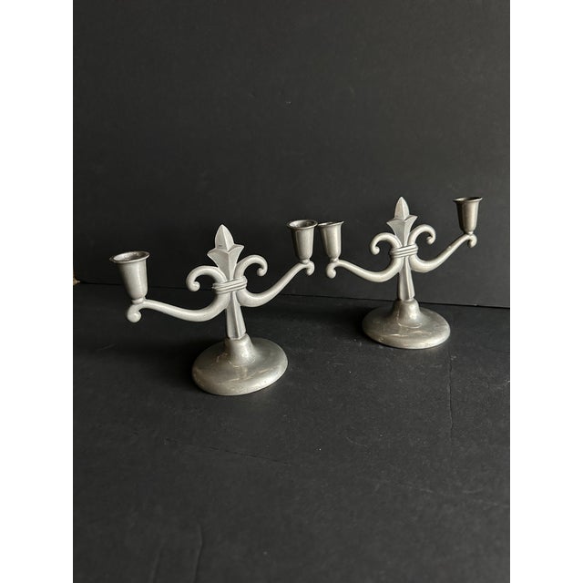 Vintage 1930s Pewter Scandinavian Grace Style Art Deco Candelabra Pair of 2 For Sale In Orlando - Image 6 of 12