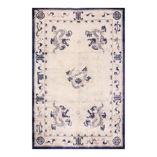 1920s Ivory Dragon Silk Antique Chinese Rug 4' X 6' Handknotted Wool Carpet For Sale