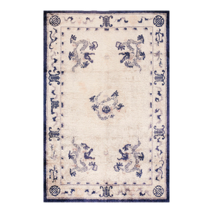 1920s Ivory Dragon Silk Antique Chinese Rug 4' X 6' Handknotted Wool Carpet