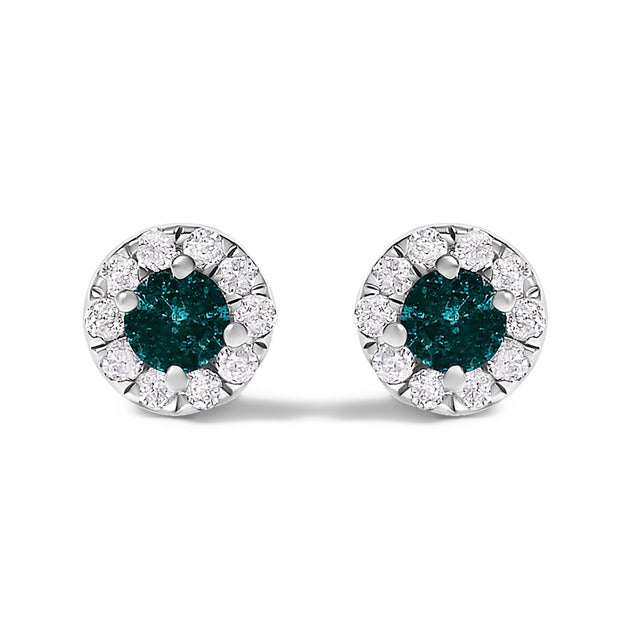 Contemporary .925 Sterling Silver 1/3 Cttw White and Blue Diamond Halo Stud Earrings, Pair For Sale - Image 3 of 4
