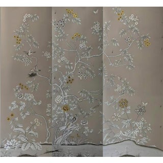 Taupe Chinoiserie Mural | 3-Panel Hand-Painted Floral & Bird Wallpaper For Sale