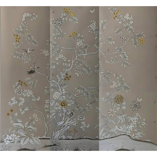 Taupe Chinoiserie Mural | 3-Panel Hand-Painted Floral & Bird Wallpaper For Sale