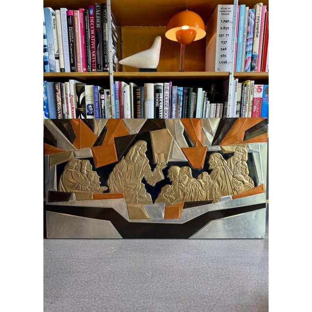 This original 1960s to 1970s mixed-tone metal relief panel depicting the Last Supper in a distinct brutalist and cubist...