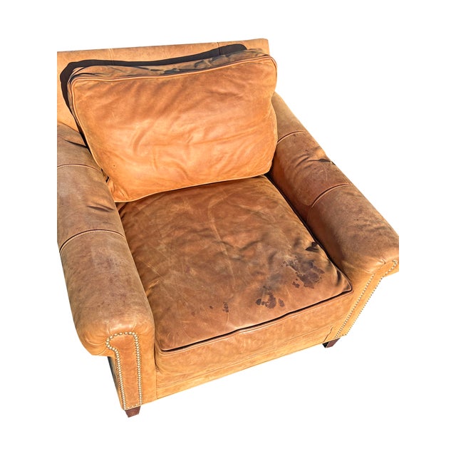 Restoration Hardware Leather Chair Modern Seating With Brass Nail Heads For Sale In New York - Image 6 of 7