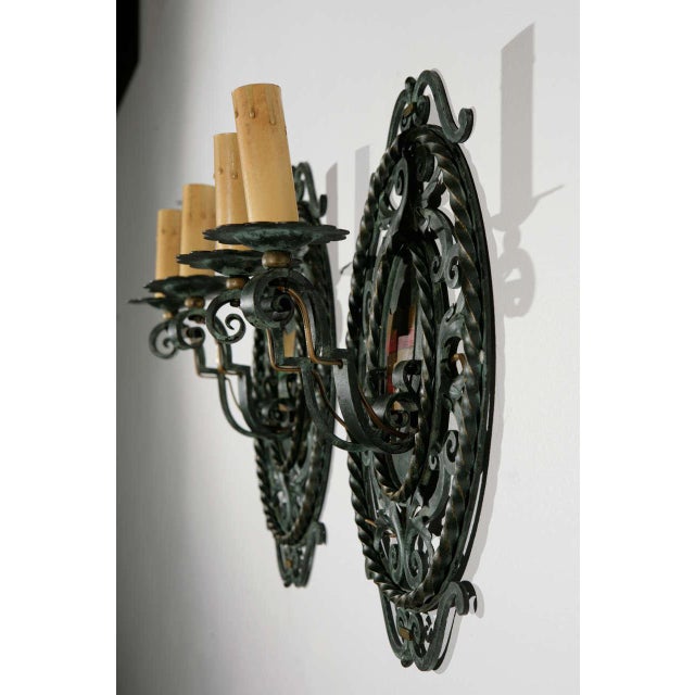 Metal French Filigreed Green With Gold & Red Emblem Sconces - a Pair For Sale - Image 7 of 11