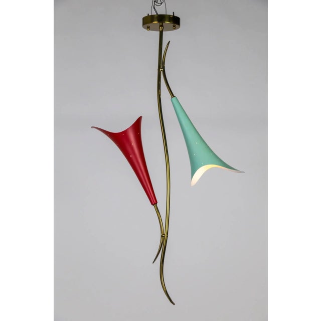 Mid Century 2-Light Pendant With Mint & Red Trumpet Flower Shades & Curved Stem For Sale - Image 9 of 13
