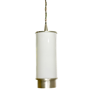 1982 Art Deco Revival White Milk Glass & Aluminum Monumental Cylinder Pendant Lights by Visa Selling Separately