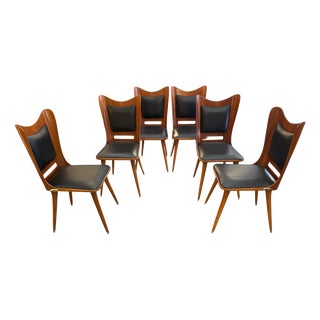 Italian Wooden Chairs in Leather and Brass, 1950s, Set of 6 For Sale