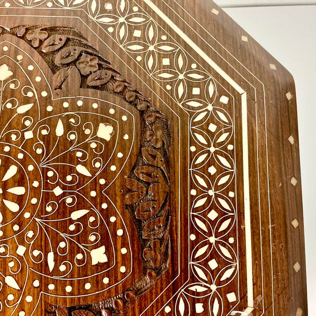 1970s Vintage Boho Chic Moroccan Mediterranean Octagonal Wood Inlaid Drinks Table For Sale - Image 12 of 12