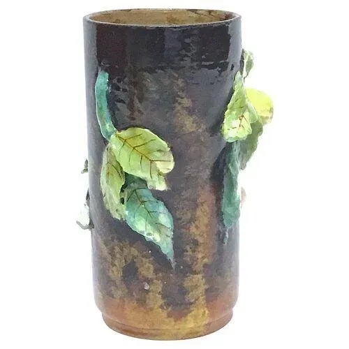 French Antique French Barbotine Floral Majolica Vase For Sale - Image 3 of 9