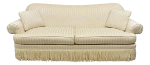 Ethan Allen Contemporary Rolled Arm Gold Striped Upholstered Sofa With Skirt