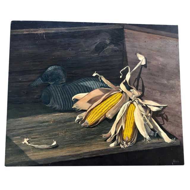 Original Vintage Still Life Painting With Corn & Duck For Sale