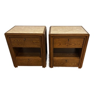Jake Arnold Caldwell Travertine & Oak Nightstand With Storage, Crate & Barrel, Pair For Sale