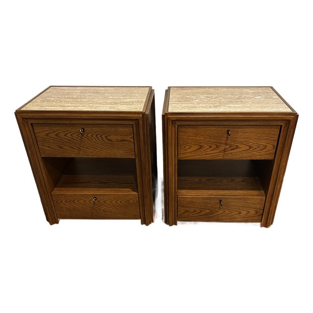 Jake Arnold Caldwell Travertine & Oak Nightstand With Storage, Crate & Barrel, Pair For Sale
