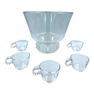 Late 20th Century Steuben Glass & Signed Centerpiece Punch Bowl & Matching Cups- 6 Pieces For Sale