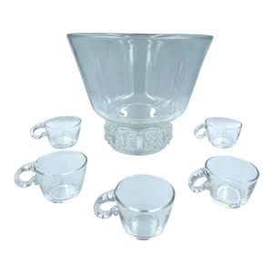 Late 20th Century Steuben Glass & Signed Centerpiece Punch Bowl & Matching Cups- 6 Pieces