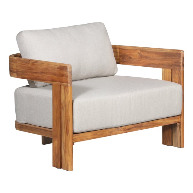 Paradiso Outdoor Solid Teak Wood Chair - Grey Fabric For Sale