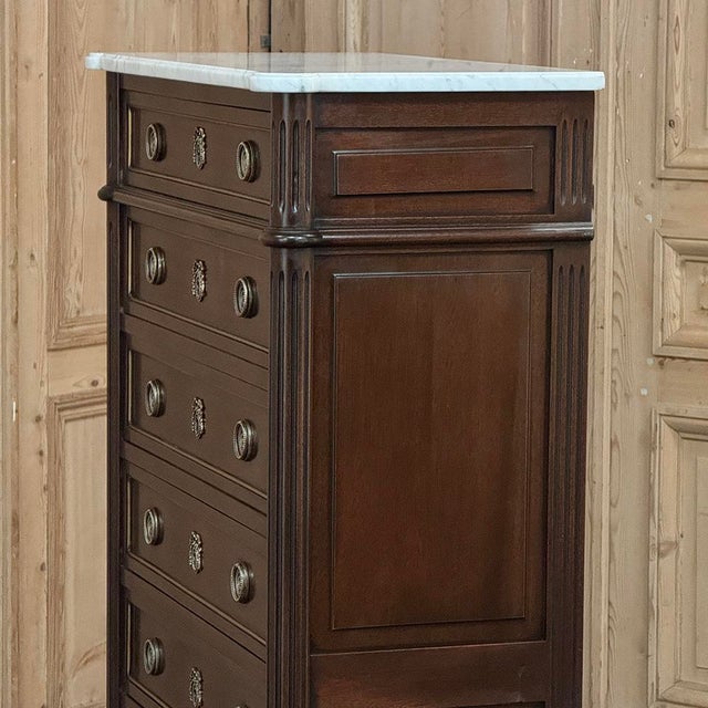 19th Century Louis XVI Mahogany Carrara Marble Top Semainier ~ Tall Chest of Drawers For Sale - Image 14 of 18