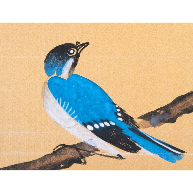 1960s Large Shōwa Era Japanese Silk Byobu Screen "Flycatcher and Sakura" For Sale - Image 13 of 18