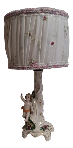 German Dresden Style Table Lamp with Figural Porcelain Base and Handmade Fabric Shade, 1960s
