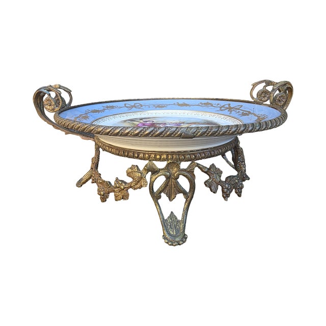 Elegant antique French porcelain centerpiece bowl mounted in an ornate gilt bronze (ormolu) Art Nouveau stand with...