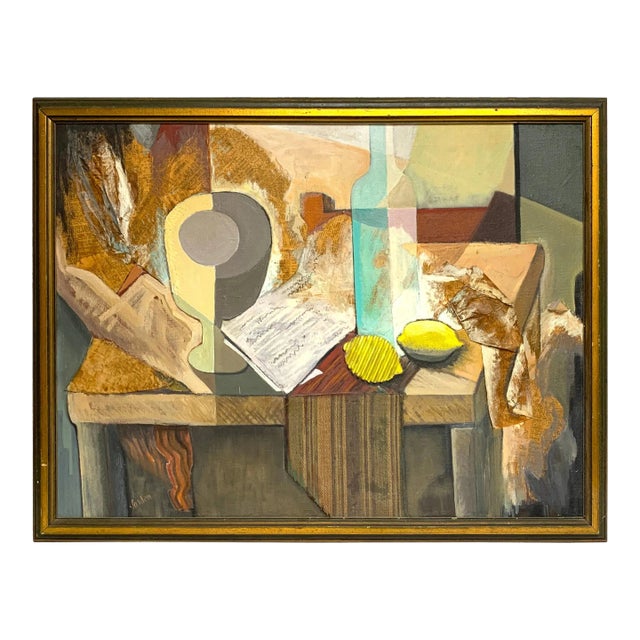 Midcentury Mixed-Media Cubist Still Life Oil on Canvas For Sale