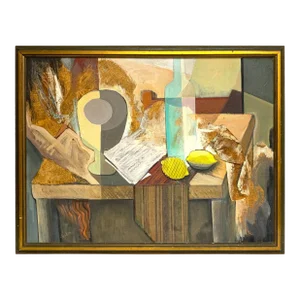 Midcentury Mixed-Media Cubist Still Life Oil on Canvas