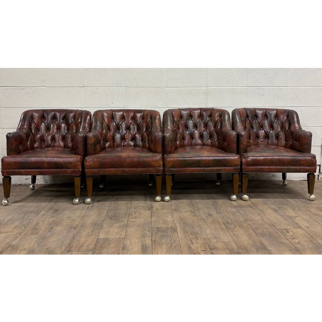 Vintage Faux Leather Tufted Chesterfield Rolling Club Arm Chairs For Sale In Kansas City - Image 6 of 11