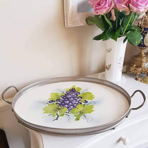 Vintage ceramic serving tray, beautiful platter; silvered metal tray with handles. This beautiful platter is perfect to...