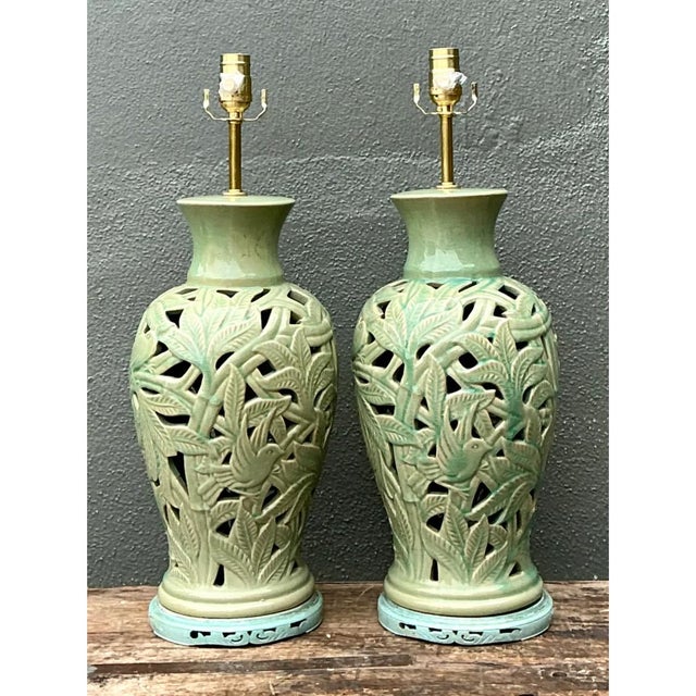 Vintage Cutout Green Ceramic Table Lamps - Pair For Sale - Image 12 of 12