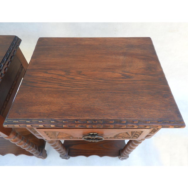 Neo-Basque Carved Oak Single Drawer Nightstands by Charles Dudouyt, France, 1930s, Set of 2 For Sale - Image 9 of 11