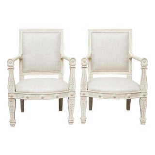 Pair of French 1920s Painted Armchairs with Carved Details and Linen Upholstery For Sale