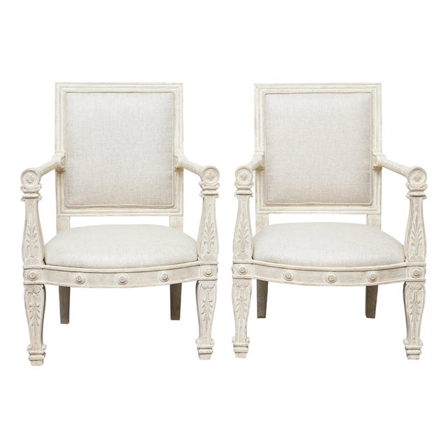 Pair of French 1920s Painted Armchairs with Carved Details and Linen Upholstery For Sale
