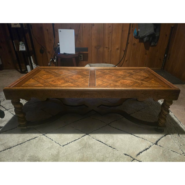 Baker Furniture Company Baker Furniture French Country Coffee Table With Parquetry Top and Carved Legs- Style No. 839 For Sale - Image 4 of 9