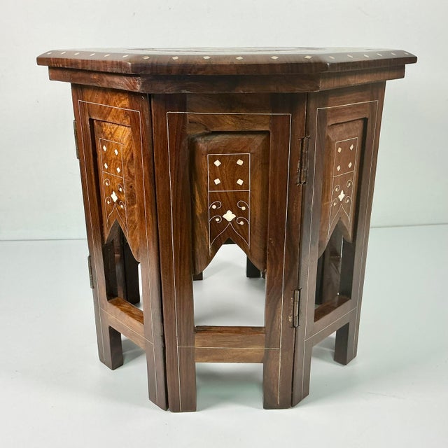 Wood 1970s Vintage Boho Chic Moroccan Mediterranean Octagonal Wood Inlaid Drinks Table For Sale - Image 7 of 12
