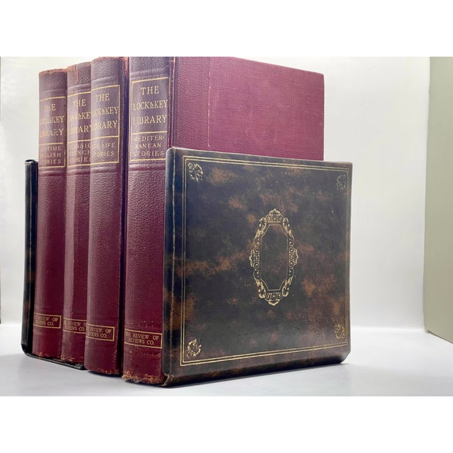1950’s Faux Leather Gold Pressed Bookends- A Pair For Sale In Jacksonville, FL - Image 6 of 9