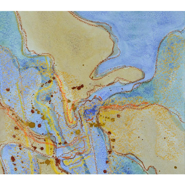 Abstract watercolor and pastel multimedia painting of blue tides with brown, orange, and yellow between by Doris Ann...