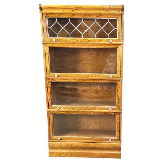 Oak Four Tier Barrister Bookcase with Leaded Glass, 1920 For Sale - Image 11 of 11