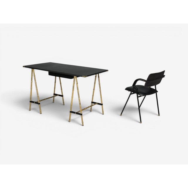Mid-Century Modern Jacques Adnet Attr., Desk and Folding Chair, Black Leather, Brass, France, 1950s For Sale - Image 3 of 18