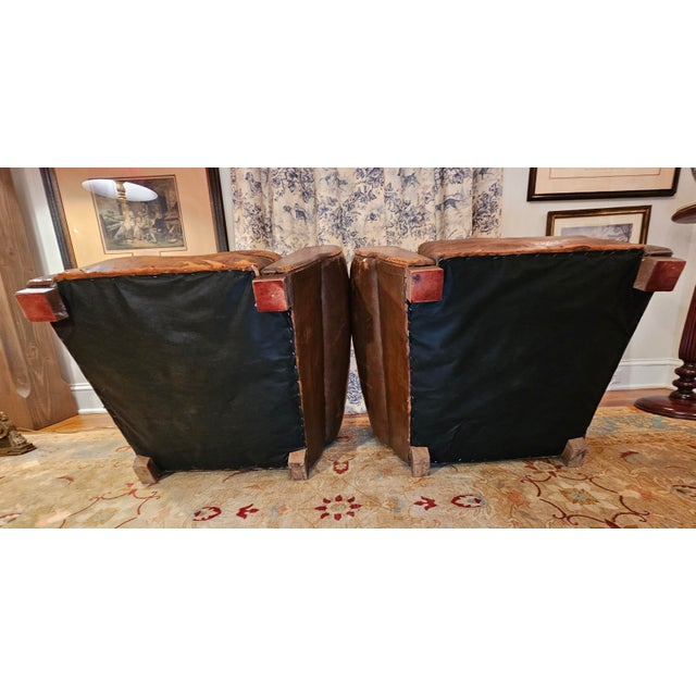 Pair of 1930's French Art Deco, Cognac Leather Chairs With Nail Head Decoration For Sale - Image 14 of 18