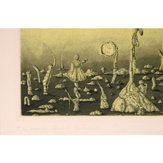 Yellow "Triangular Sunset Situation" - Surrealist Colored Etching #15/16, 1978 by James C. Crabb For Sale - Image 8 of 9