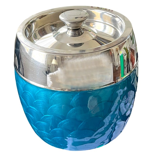 Striking vintage ice bucket or wine chiller featuring a vibrant turquoise acrylic body with a guilloché effect—a...