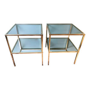 1970s Italian Willy Rizzo Style Pair of Brass Coffee Tables With Glass and Mirror Tops