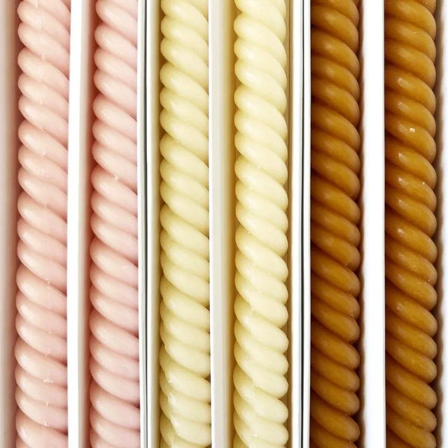 Set of 6 Beeswax Taper Candles - three pairs, one of each color: Rosewater (pink) Cathedral (cream) Oro (goldenrod) 13”...