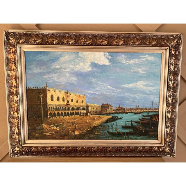 1960s 1960s Large Framed Venice Gondola Original Oil Painting on Canvas For Sale - Image 5 of 13